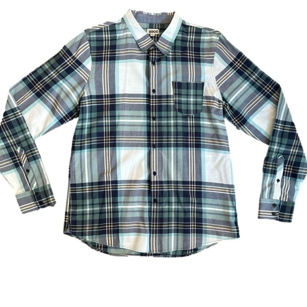 1901 Men's Button Up Dress Shirt Long Sleeve Plaid Pocket Size XXL Casual